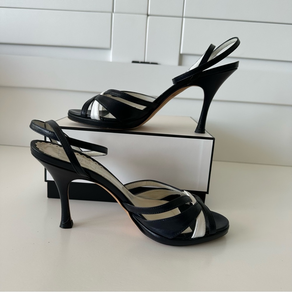 Navy and white strappy sandals